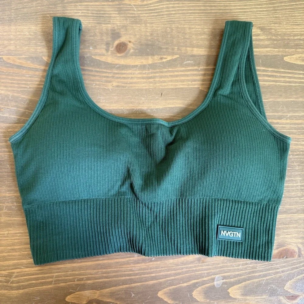 NVGTN Women's Small Green Ribbed Athletic Work Out Gym Sports Bra Padded - Picture 1 of 4